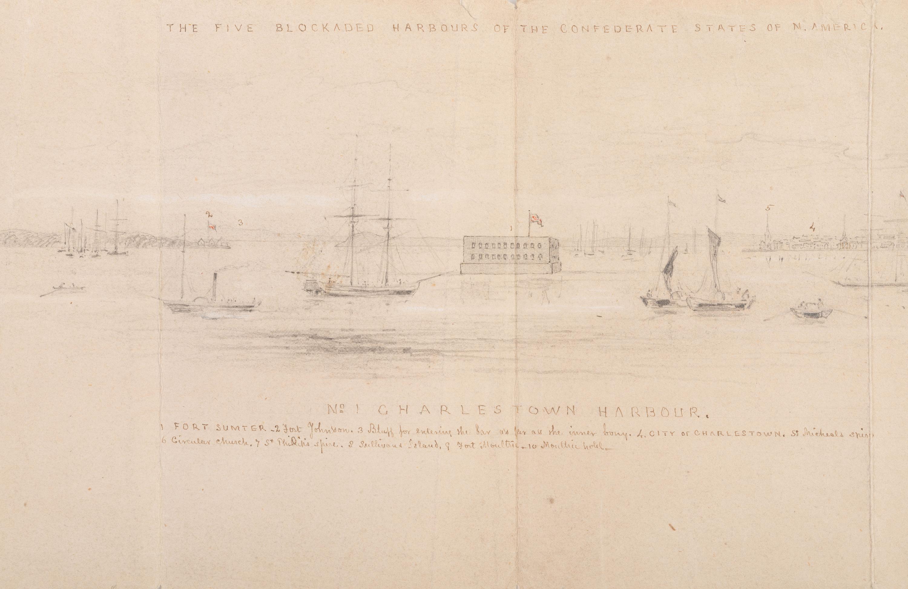 [CIVIL WAR]. Hand-drawn sketch of the blockaded Charleston Harbor during the Civil War, with inscribed key.
