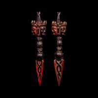 A Pair of Sino-Tibetan Gilt and Red Decorated Wood Vajries, Possibly Zitan, 18th-19th Century — 十八-十九世紀 藏傳彩繪紫檀普巴杵一對