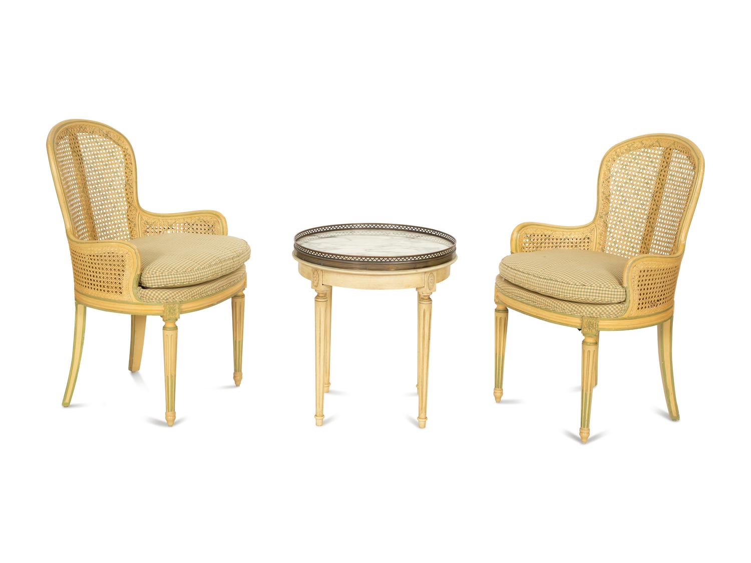 A Pair of Louis XVI Style Painted Caned Back Side Chairs with a Marble Top Gueridon