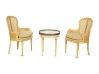 A Pair of Louis XVI Style Painted Caned Back Side Chairs with a Marble Top Gueridon