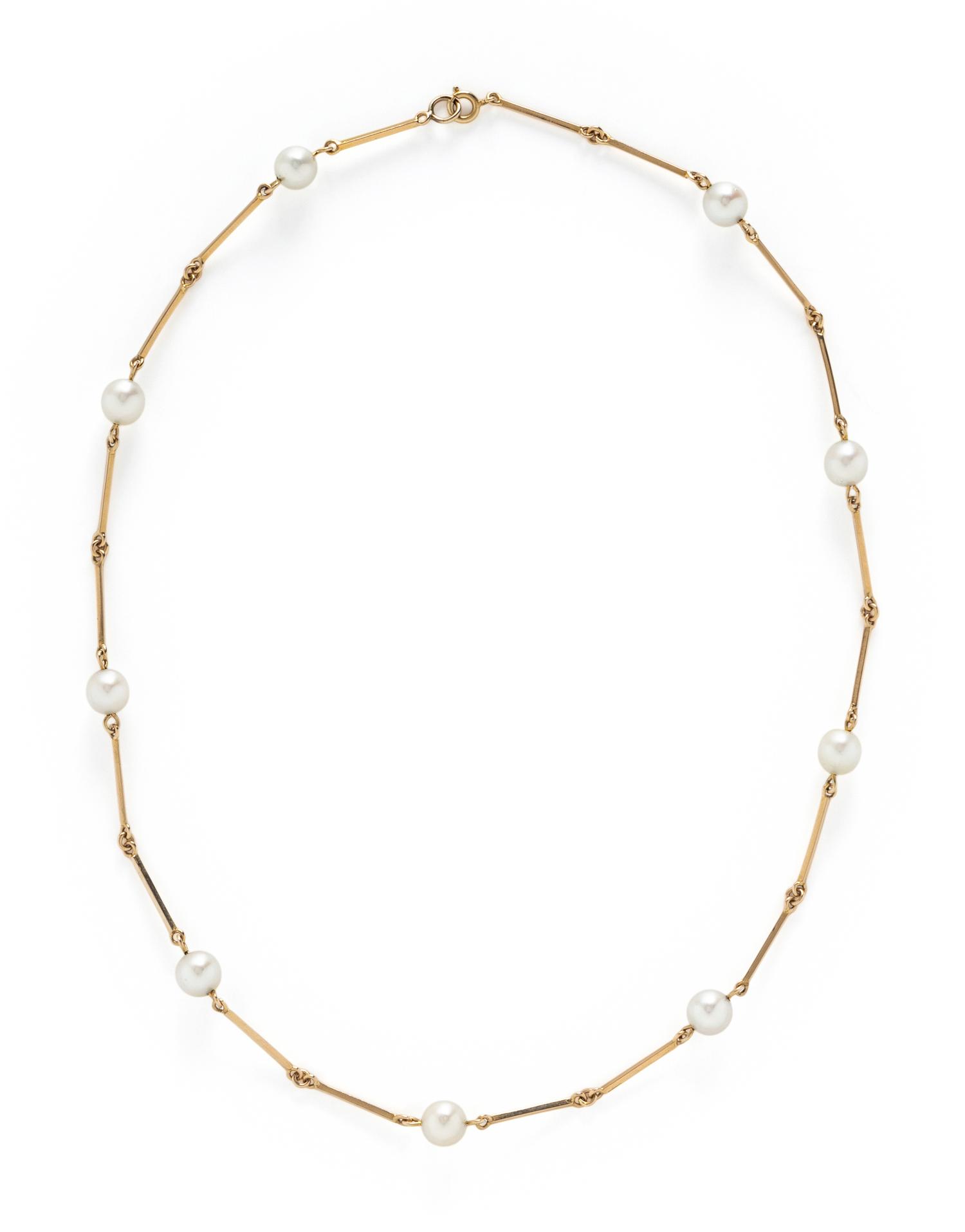 THREE NESTING CULTURED PEARL AND YELLOW GOLD STATION NECKLACES
