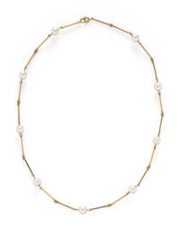 THREE NESTING CULTURED PEARL AND YELLOW GOLD STATION NECKLACES