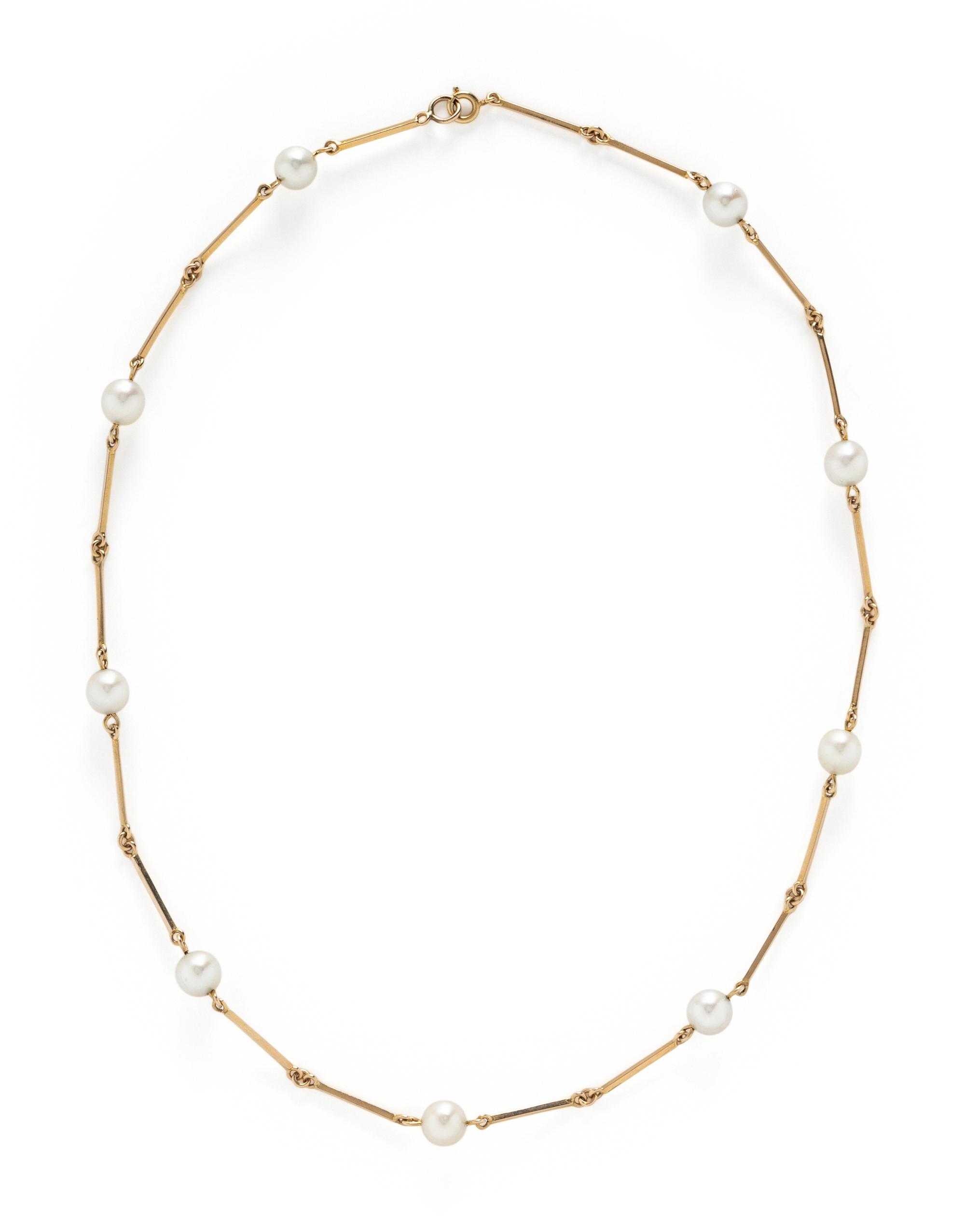 THREE NESTING CULTURED PEARL AND YELLOW GOLD STATION NECKLACES