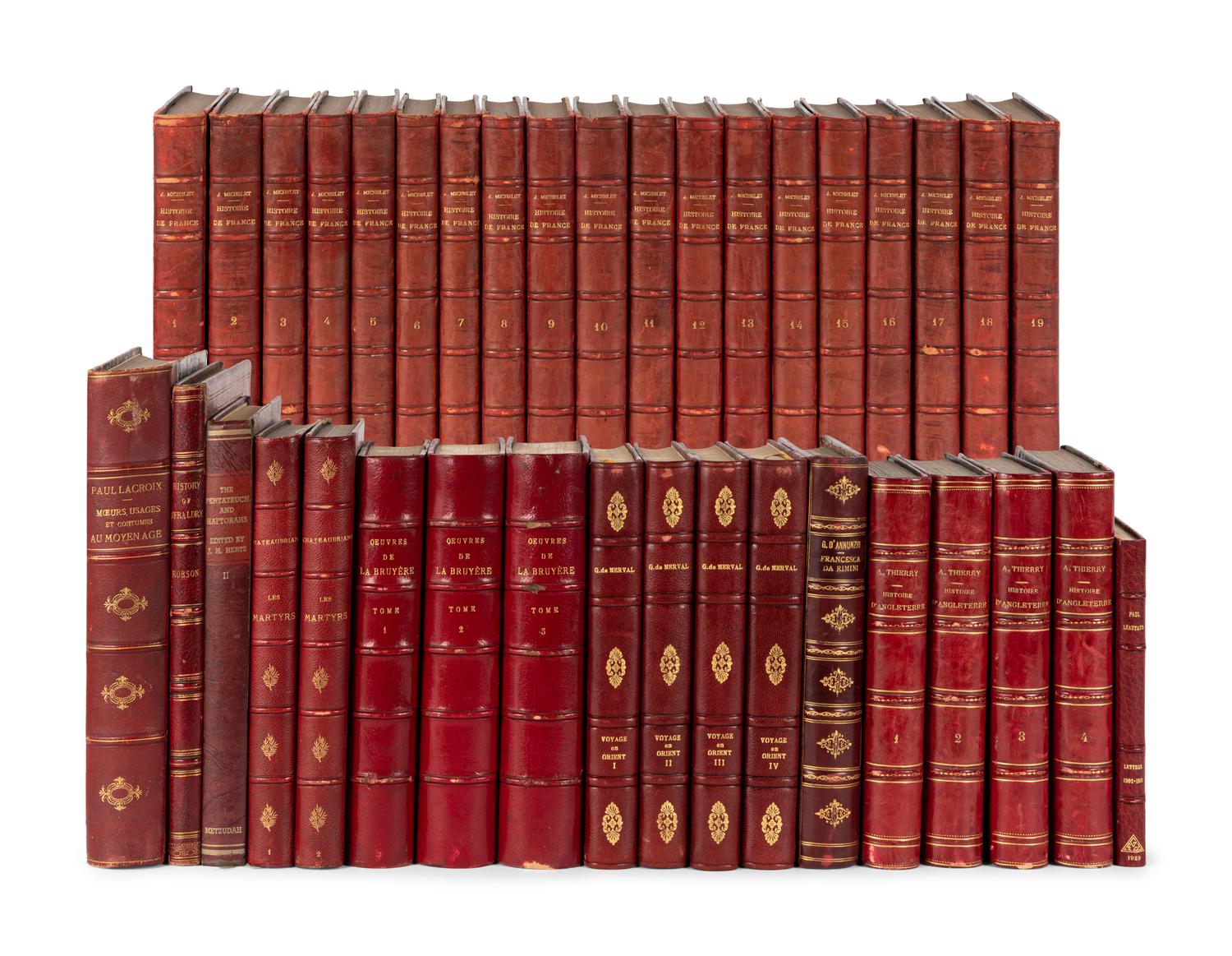 [FINE BINDINGS]. A group of 37 volumes in fine full, half or quarter leather bindings, including works relating to literature, travel, French history, and religion.