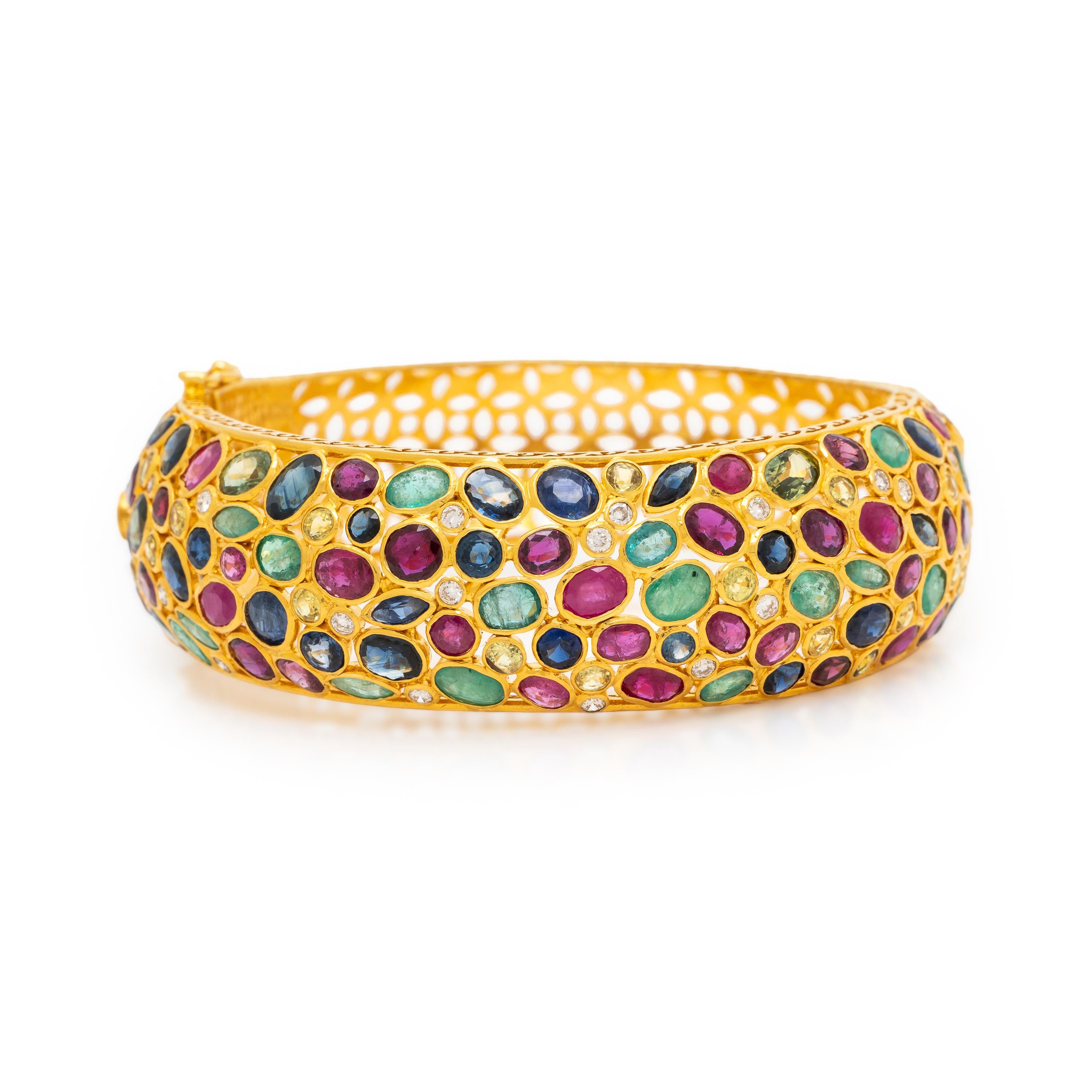 Yellow Gold, Multigem, and Diamond Bangle Bracelet