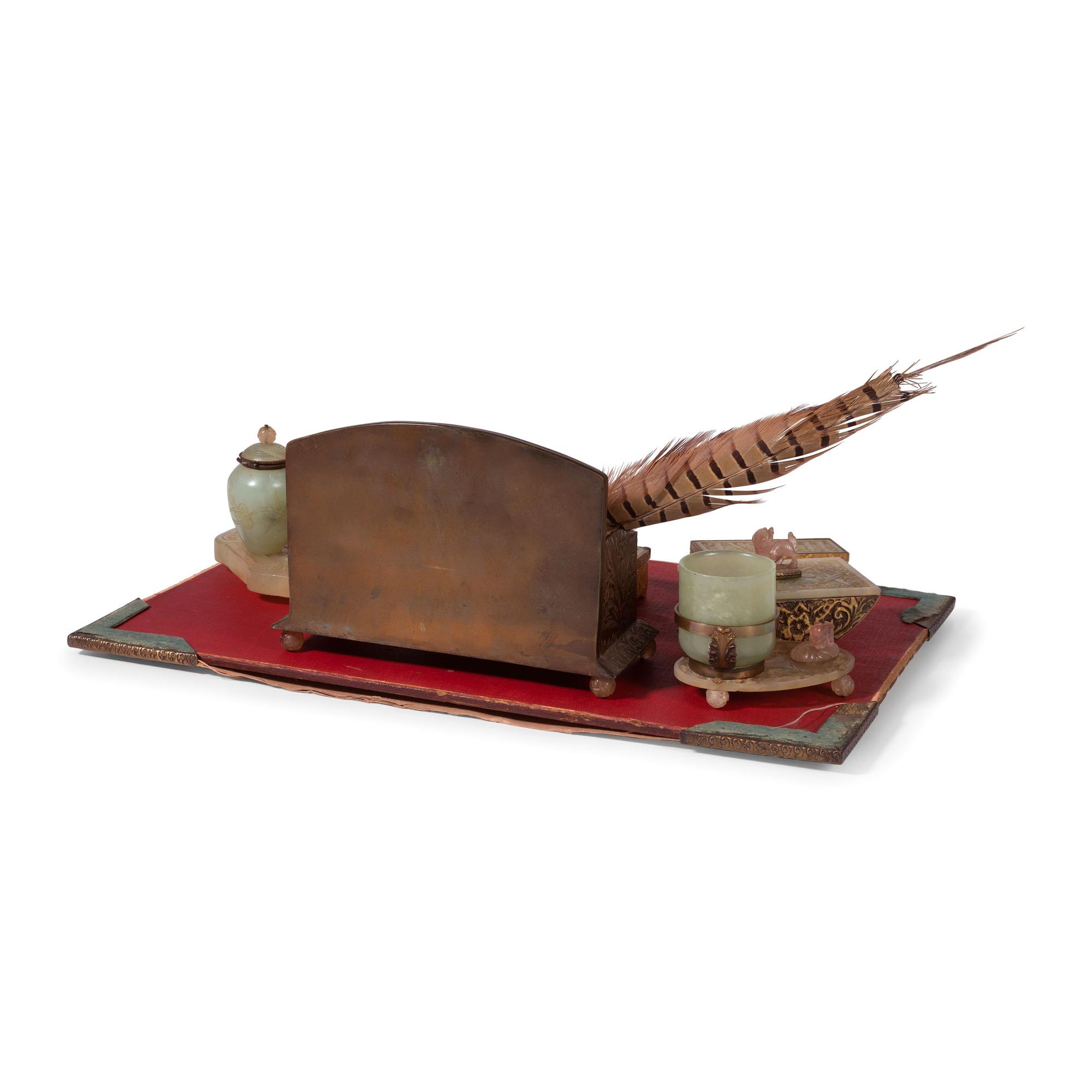 An Assembled Jade, Glass and Brass Desk Set