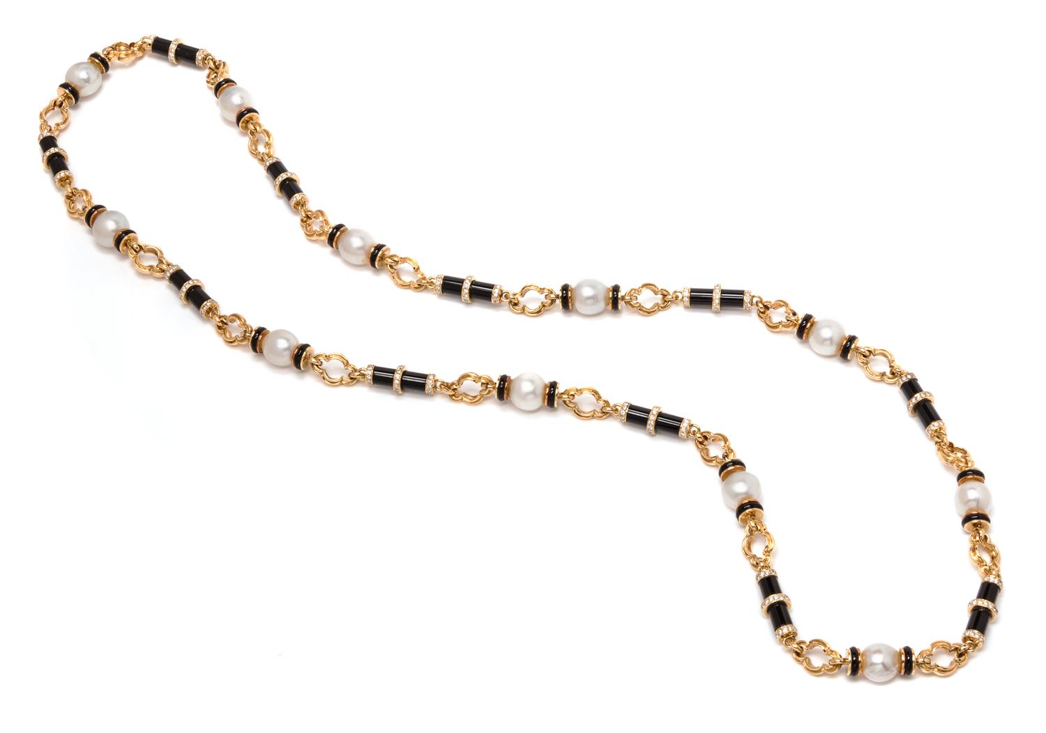 A Yellow Gold, Cultured South Sea Pearl, Diamond and Onyx Longchain Necklace, 131.00 dwts.