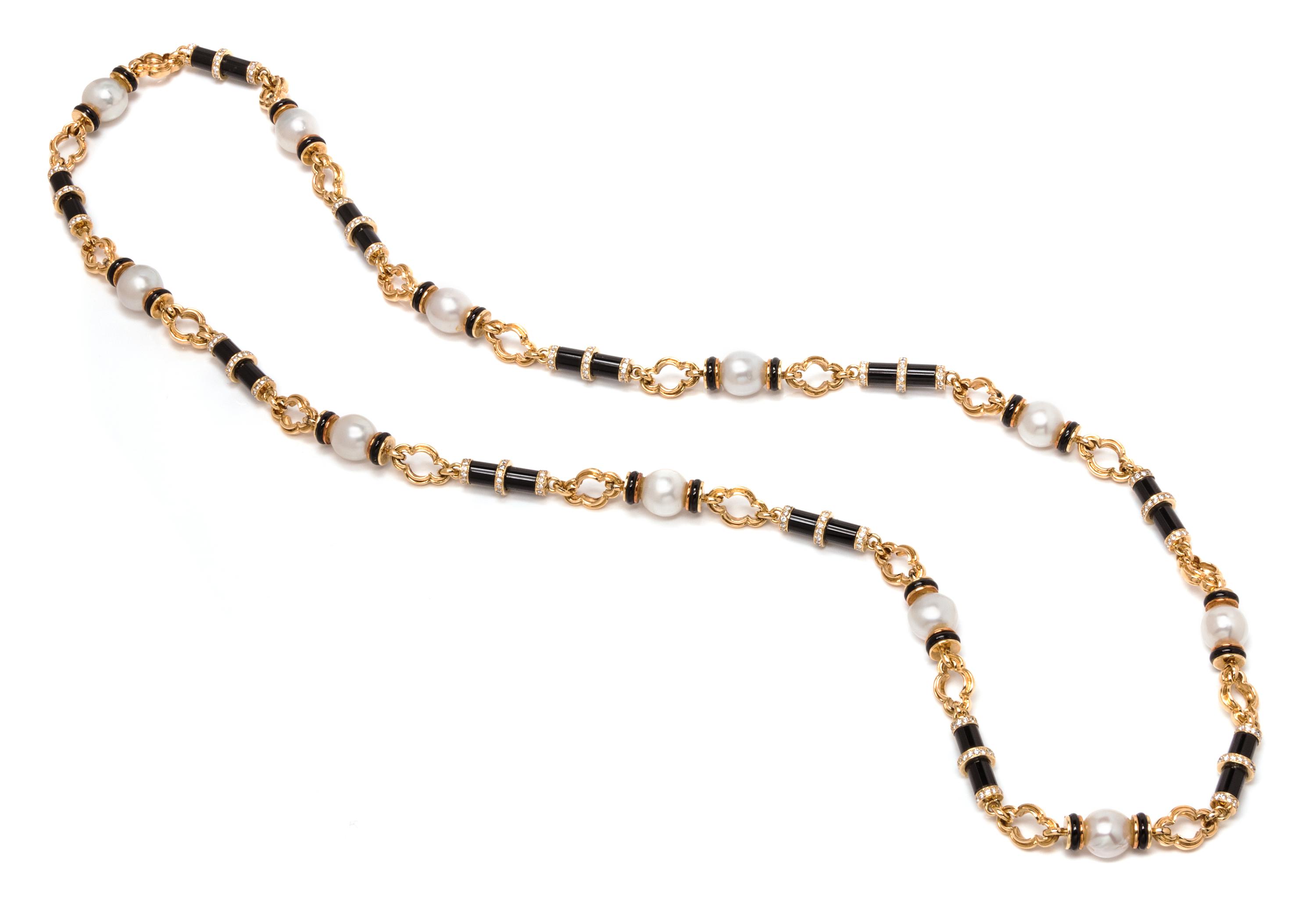 A Yellow Gold, Cultured South Sea Pearl, Diamond and Onyx Longchain Necklace, 131.00 dwts.