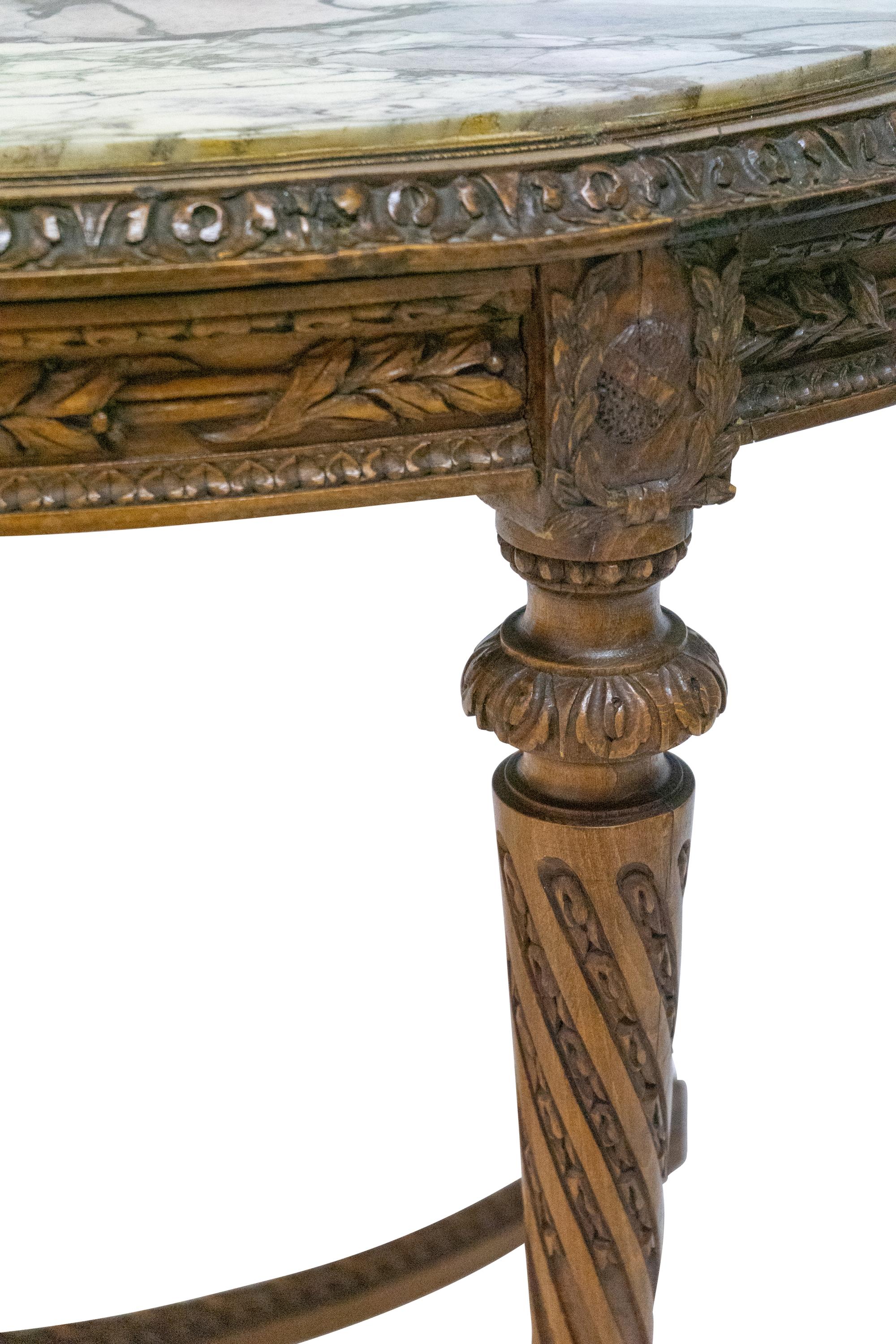 A Louis XVI Style Carved Oak Marble Top Parlor Table