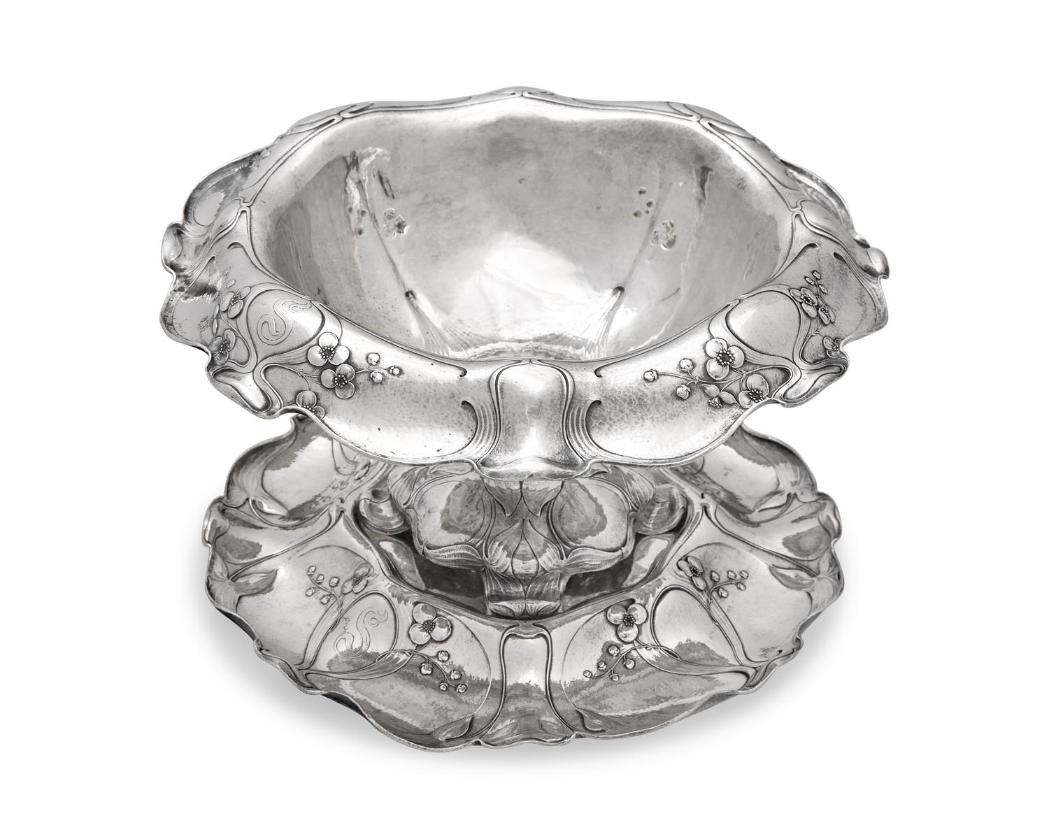 An Art Nouveau Martelé Silver Centerpiece Bowl And Plateau