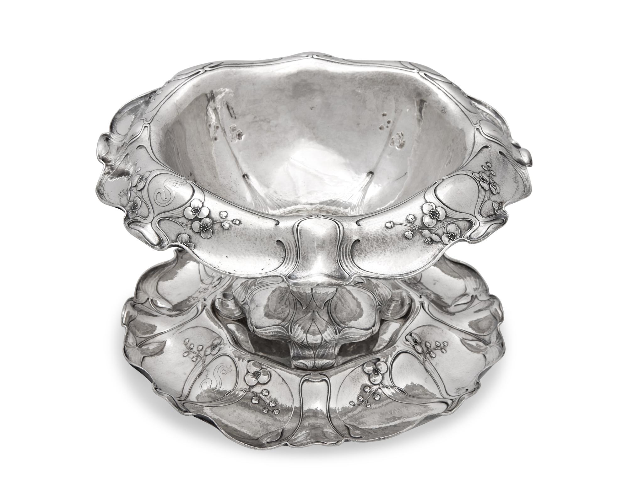 An Art Nouveau Martelé Silver Centerpiece Bowl And Plateau