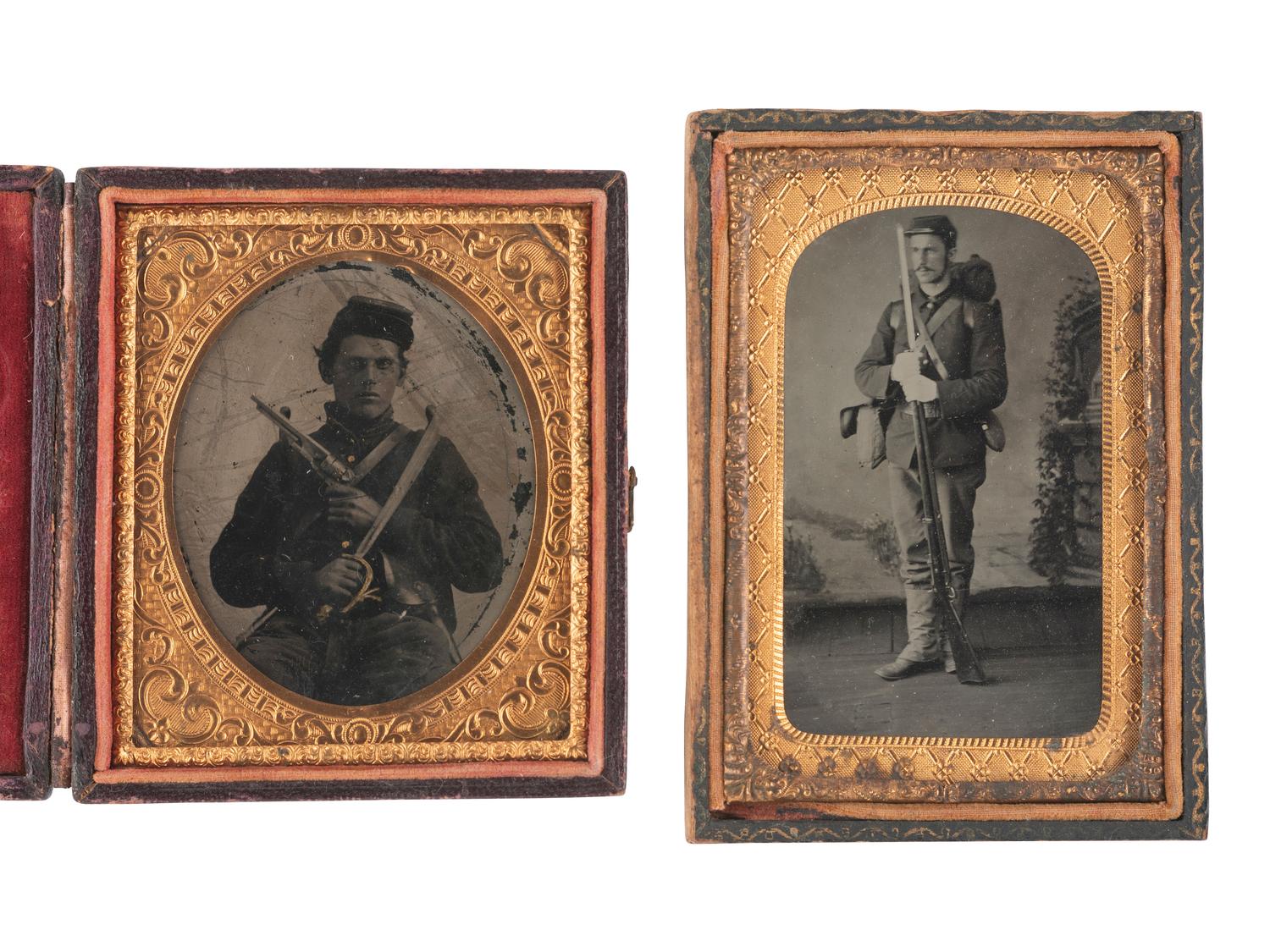 [CIVIL WAR-LATE INDIAN WARS] A pair of tintypes of armed soldiers, incl. a menacing cavalry private.