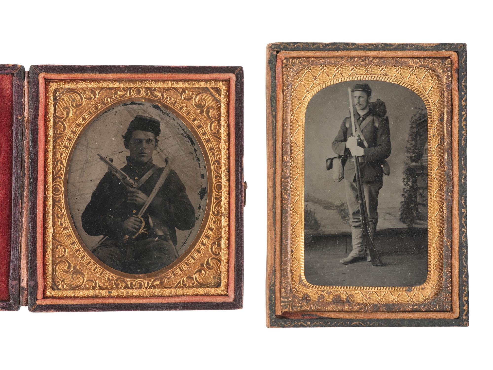 [CIVIL WAR-LATE INDIAN WARS] A pair of tintypes of armed soldiers, incl. a menacing cavalry private.