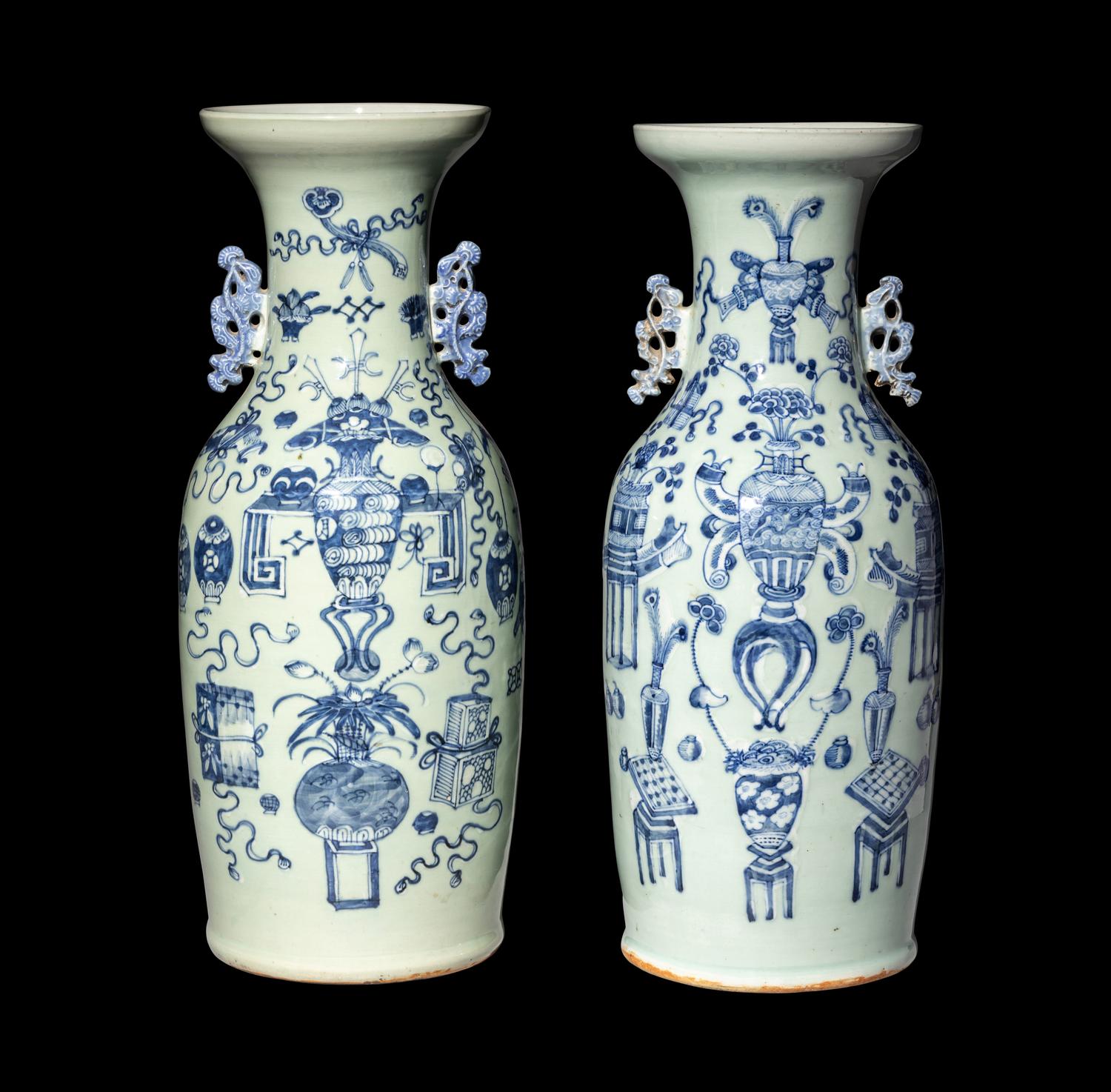 A Pair of Chinese Celadon Ground Blue and White Porcelain Vases