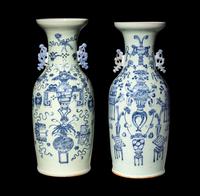 A Pair of Chinese Celadon Ground Blue and White Porcelain Vases
