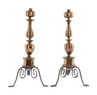 A Pair of Continental Brass and Steel Andirons