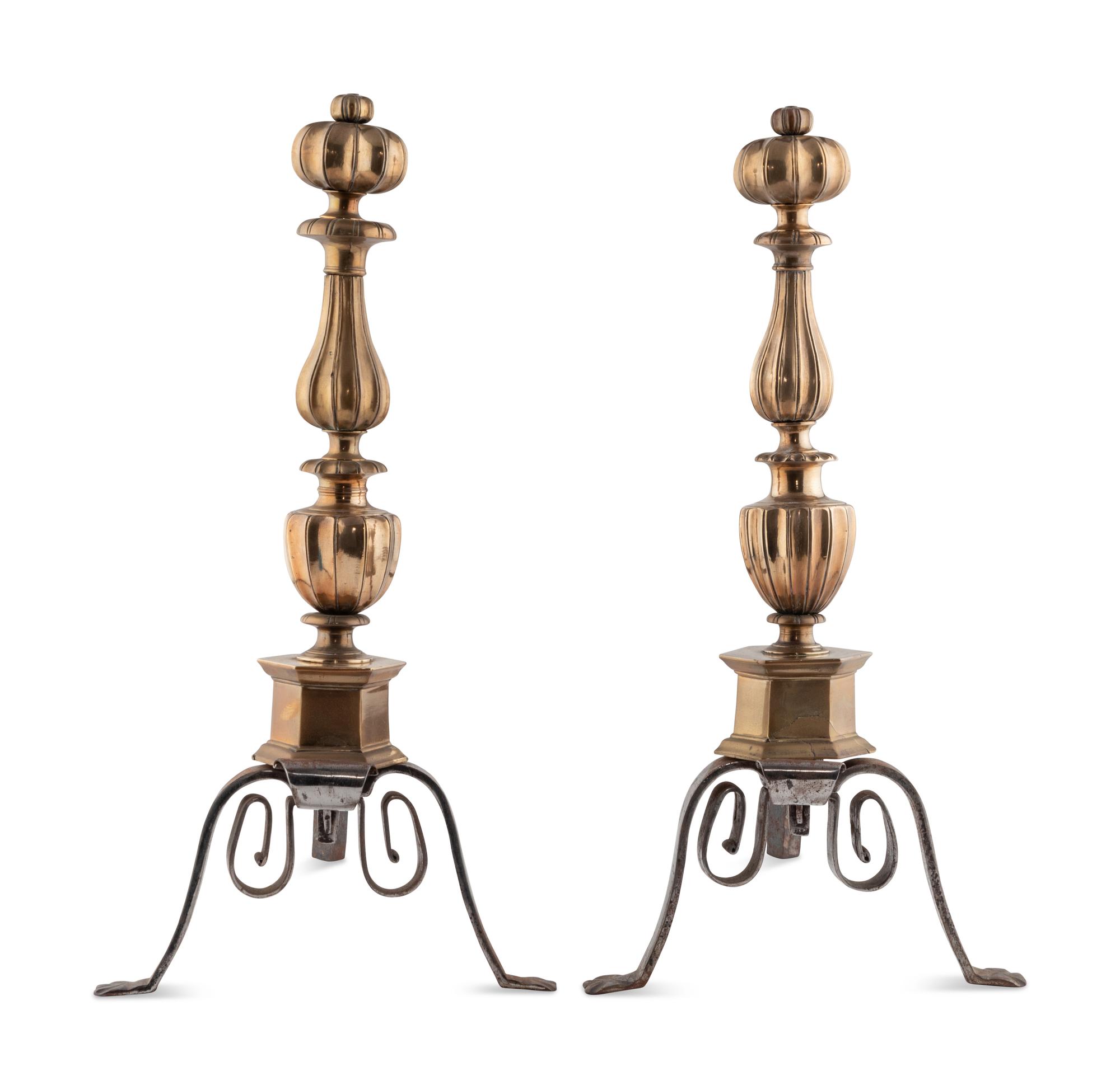A Pair of Continental Brass and Steel Andirons