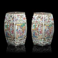 A Pair of Chinese Canton Famille Rose Porcelain Hexagonal Garden Stools, 19th Century — 清晚期 廣彩人物故事圖六方瓷坐墩