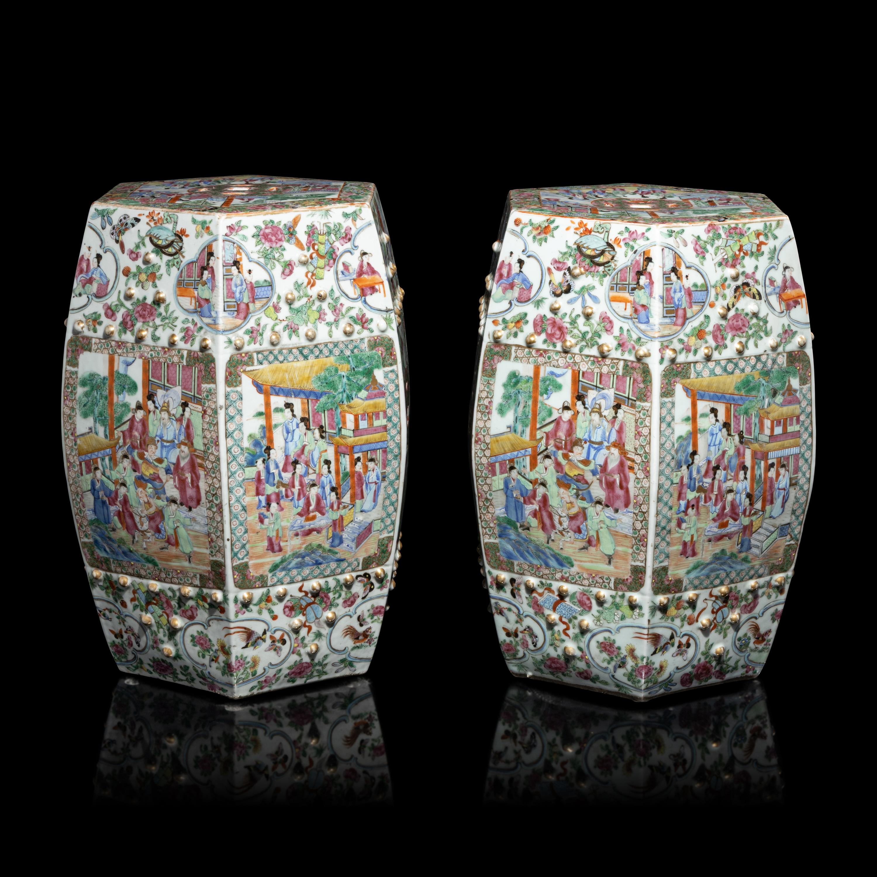 A Pair of Chinese Canton Famille Rose Porcelain Hexagonal Garden Stools, 19th Century — 清晚期 廣彩人物故事圖六方瓷坐墩