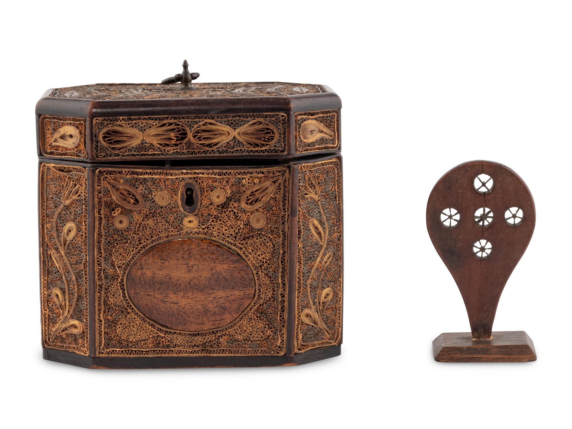 A George III Rolled Paper Tea Caddy and A Basket Splint Guide