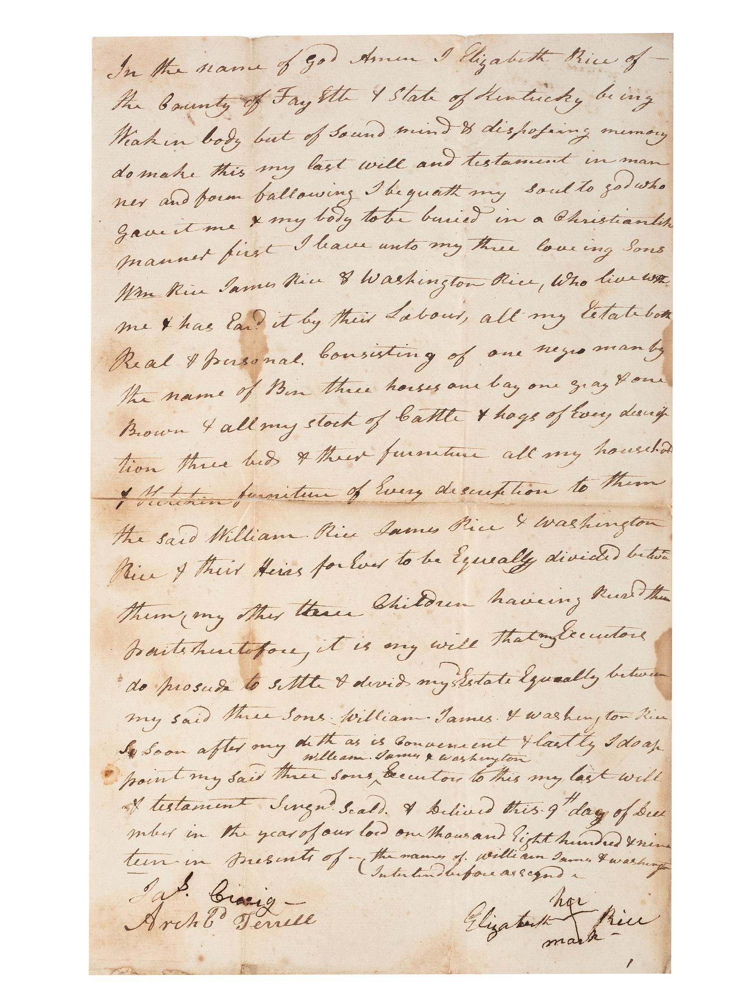 [SLAVERY & ABOLITION]. Manuscript last will and testament of enslaver Elizabeth Rice, Fayette County, KY, 9 December 1819.