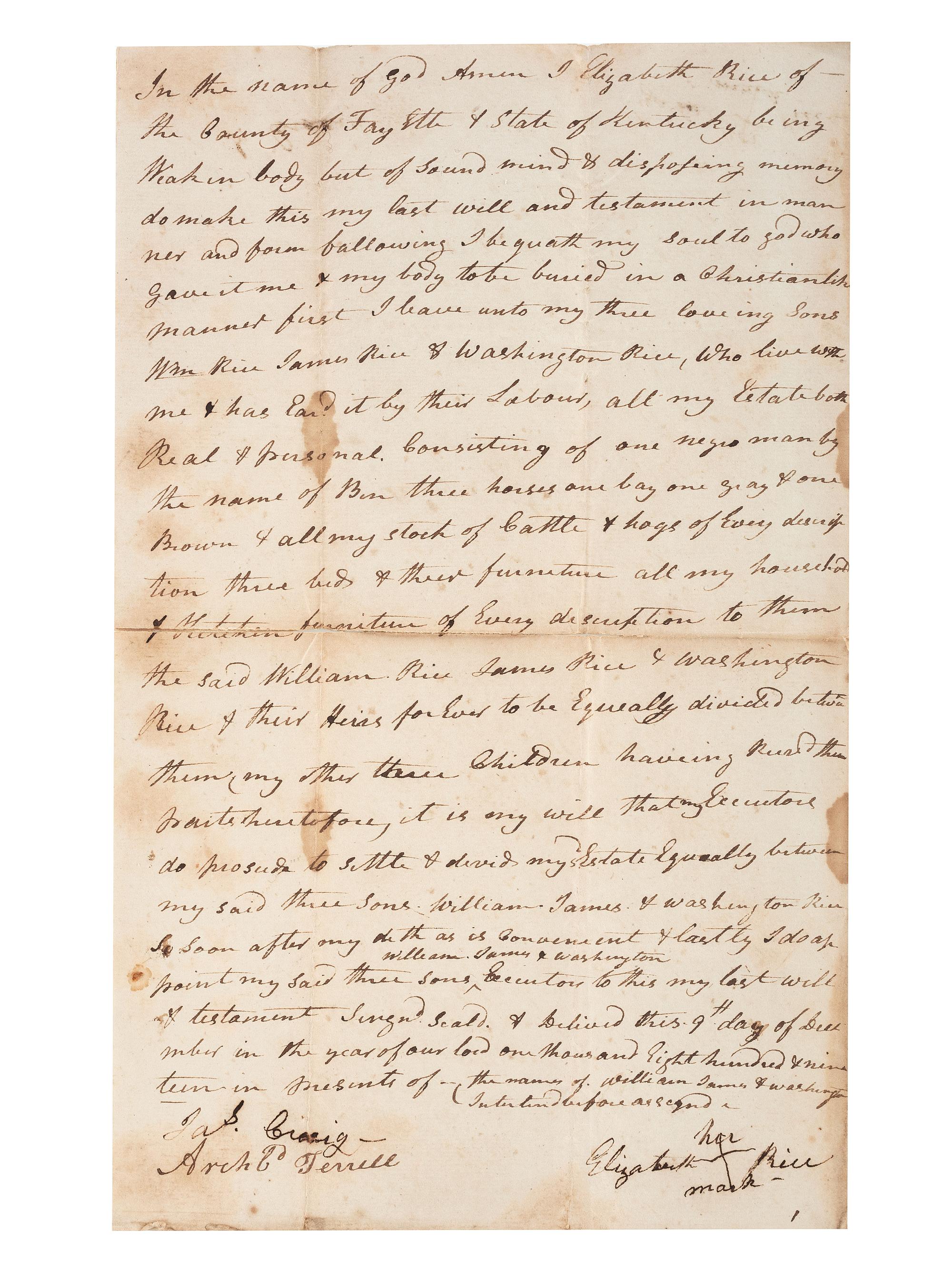 [SLAVERY & ABOLITION]. Manuscript last will and testament of enslaver Elizabeth Rice, Fayette County, KY, 9 December 1819.