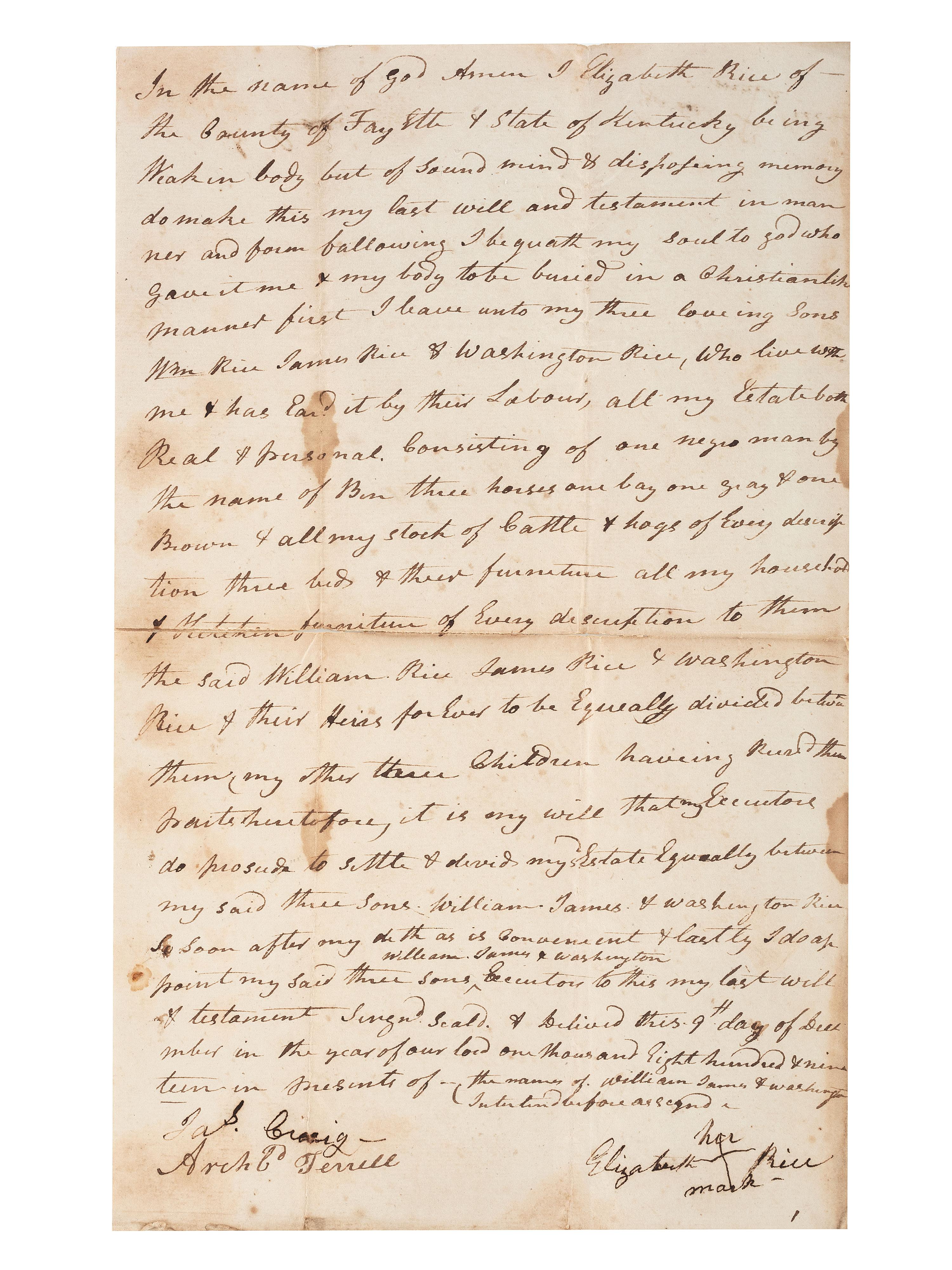 [SLAVERY & ABOLITION]. Manuscript last will and testament of enslaver Elizabeth Rice, Fayette County, KY, 9 December 1819.