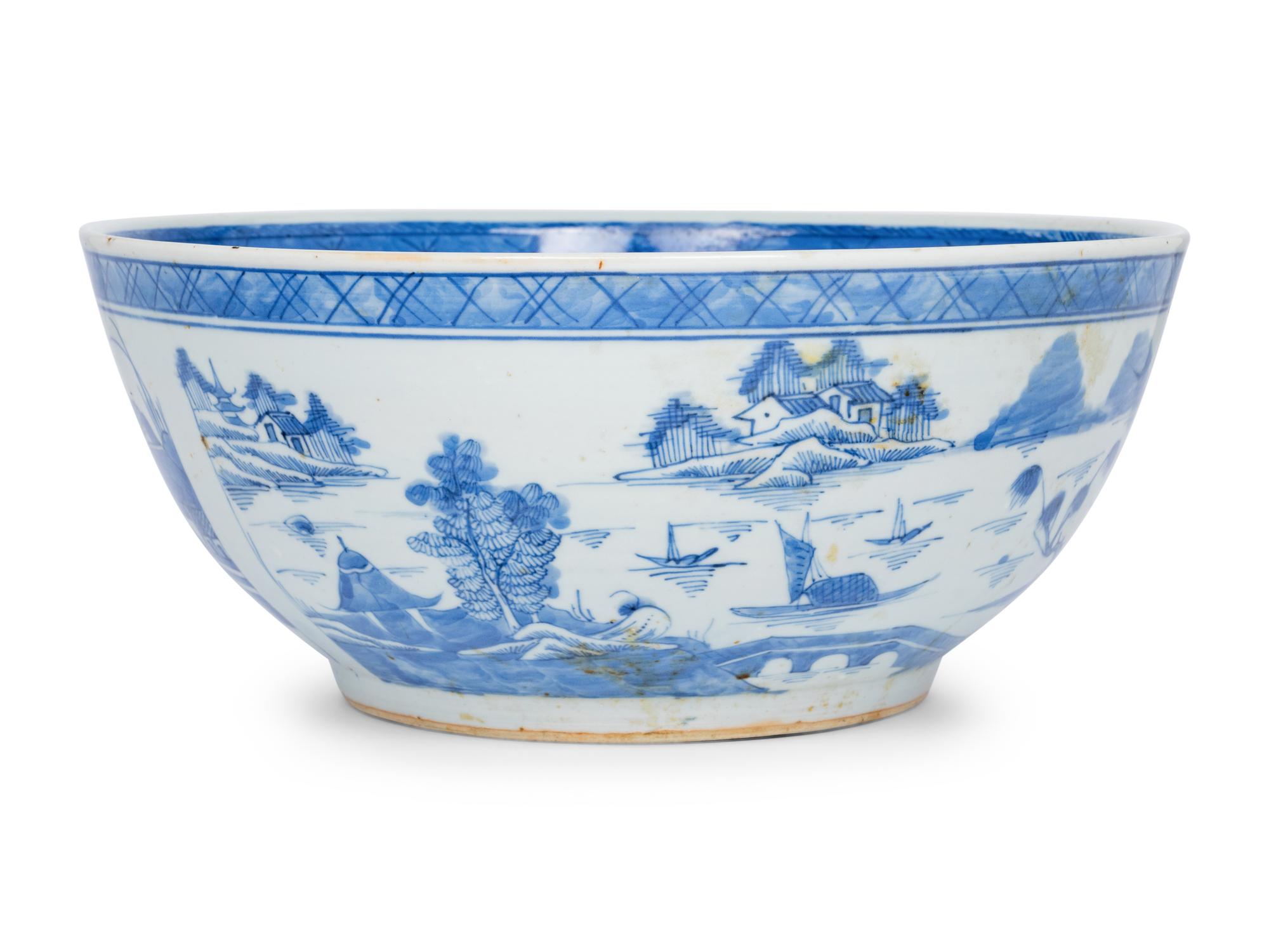 A Large Canton Blue and White Porcelain Serving Bowl