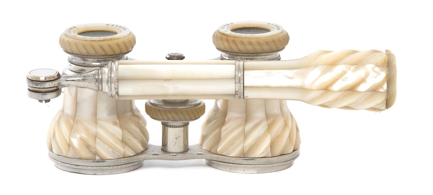 A Pair of German Mother-of-Pearl Veneered Opera Glasses, Paetz & Flohr, Width 4 1/8 inches.
