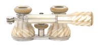 A Pair of German Mother-of-Pearl Veneered Opera Glasses, Paetz & Flohr, Width 4 1/8 inches.