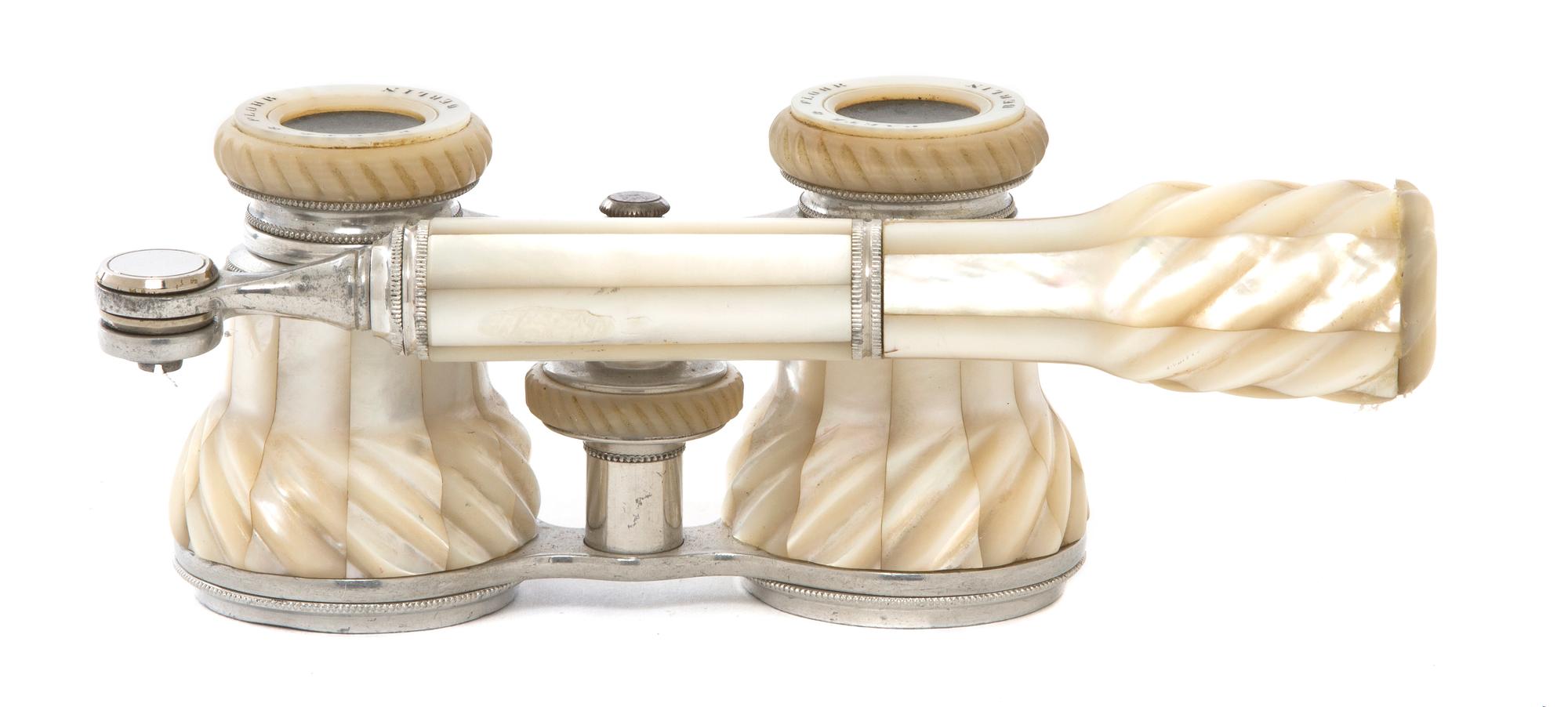 A Pair of German Mother-of-Pearl Veneered Opera Glasses, Paetz & Flohr, Width 4 1/8 inches.