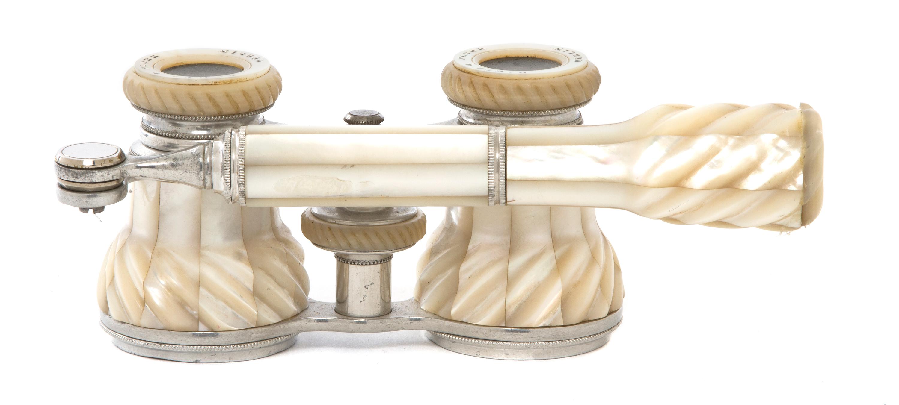 A Pair of German Mother-of-Pearl Veneered Opera Glasses, Paetz & Flohr, Width 4 1/8 inches.