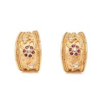 YELLOW GOLD, RUBY, AND DIAMOND HOOP EARRINGS