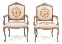 A Pair of Louis XV Style Fauteuils Height 40 1/2 x width 25 x depth 22 inches. — LATE 19TH CENTURY