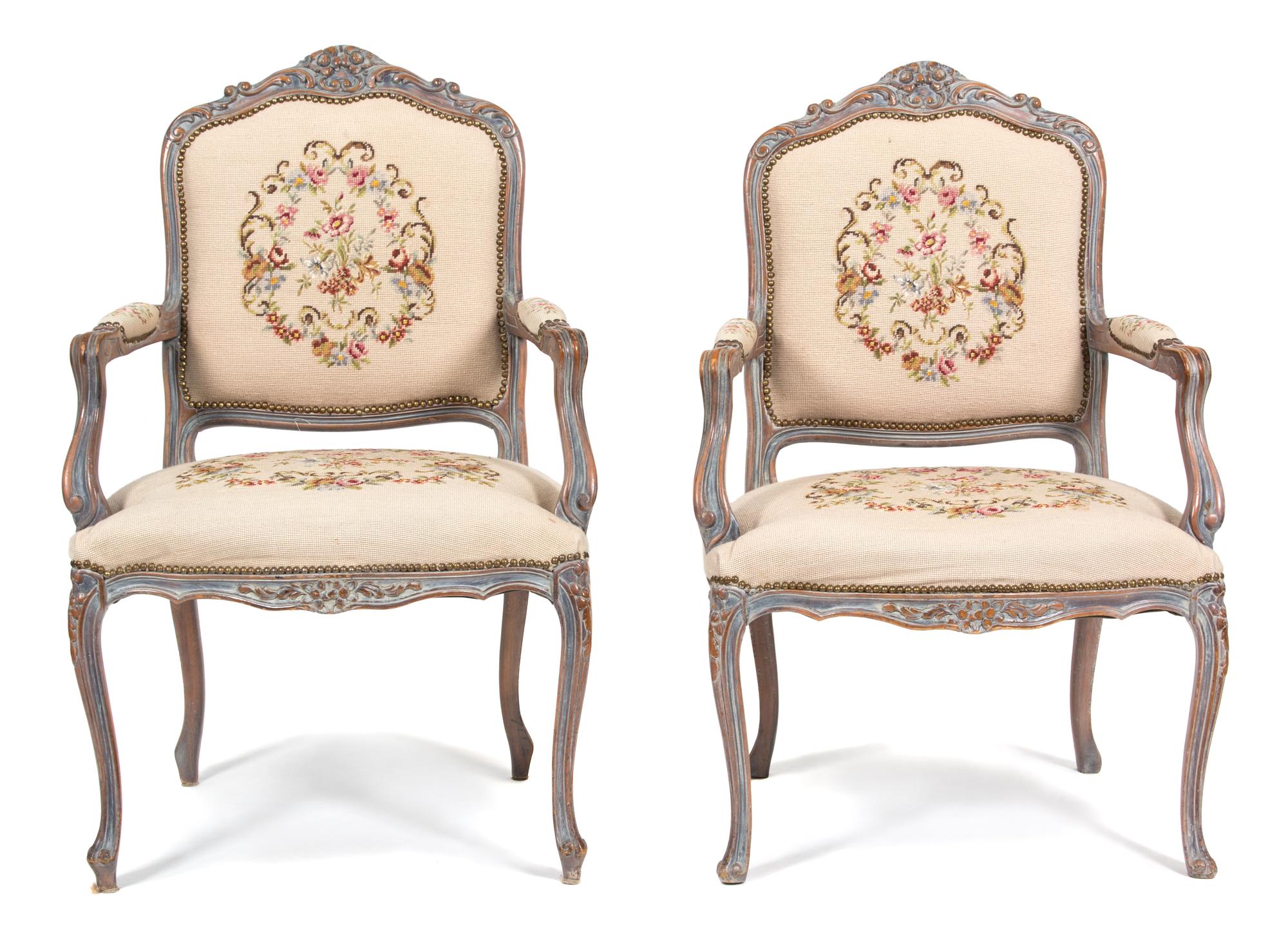 A Pair of Louis XV Style Fauteuils Height 40 1/2 x width 25 x depth 22 inches. — LATE 19TH CENTURY