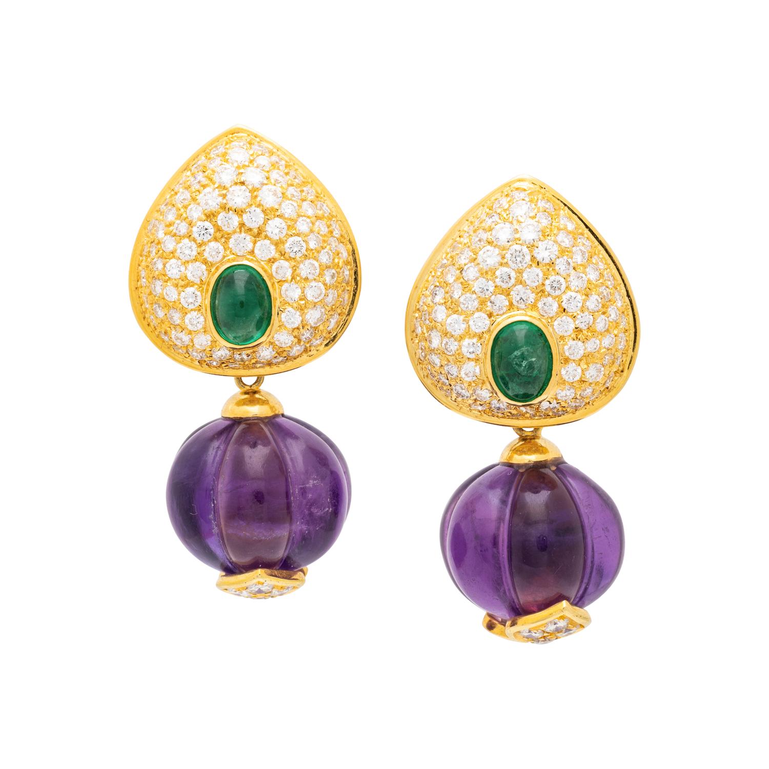 CARVED AMETHYST, EMERALD AND DIAMOND CONVERTIBLE CLIP EARRINGS