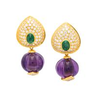 CARVED AMETHYST, EMERALD AND DIAMOND CONVERTIBLE CLIP EARRINGS