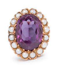 A 14 Karat Yellow Gold, Amethyst and Cultured Pearl Ring,