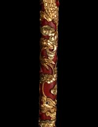 A Set of Gongs with Matching Carved Gilt and Red Lacquered Wood Stand