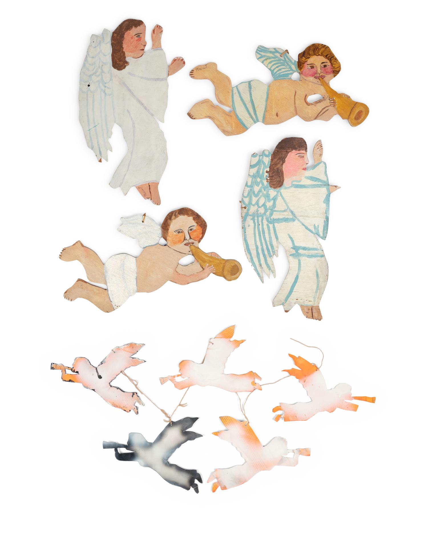 A Group of Four Hanging Angels and an Angel Mobile
