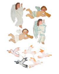 A Group of Four Hanging Angels and an Angel Mobile