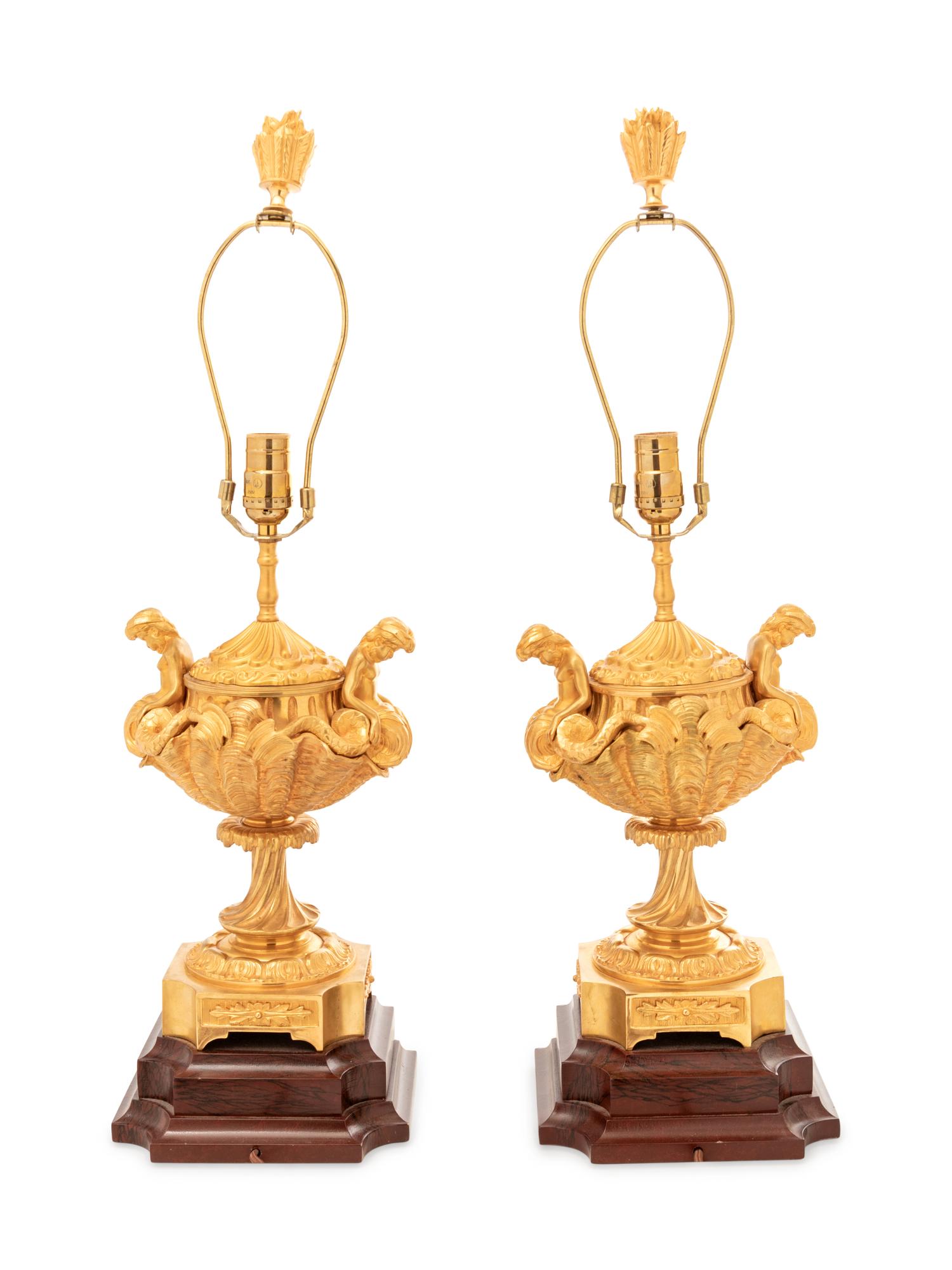 A Pair of Continental Gilt Bronze Covered Urns Mounted as Lamps