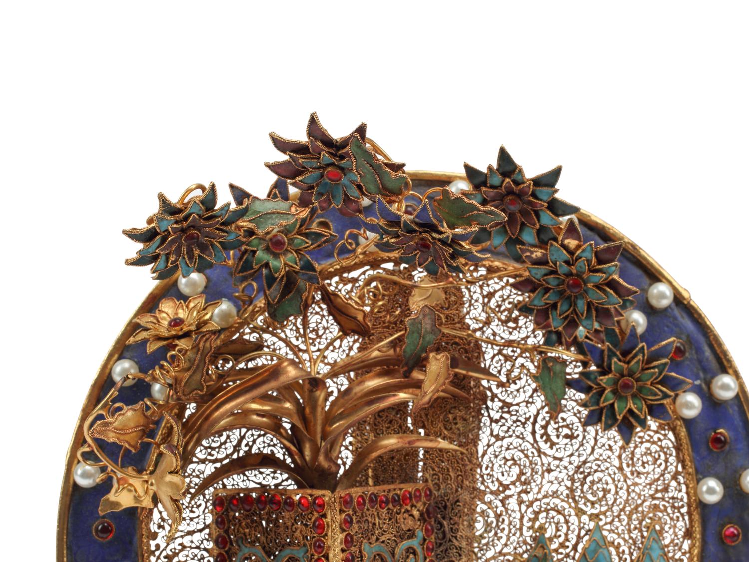 A Chinese Jeweled Filigree and Enamel Plate and Stand