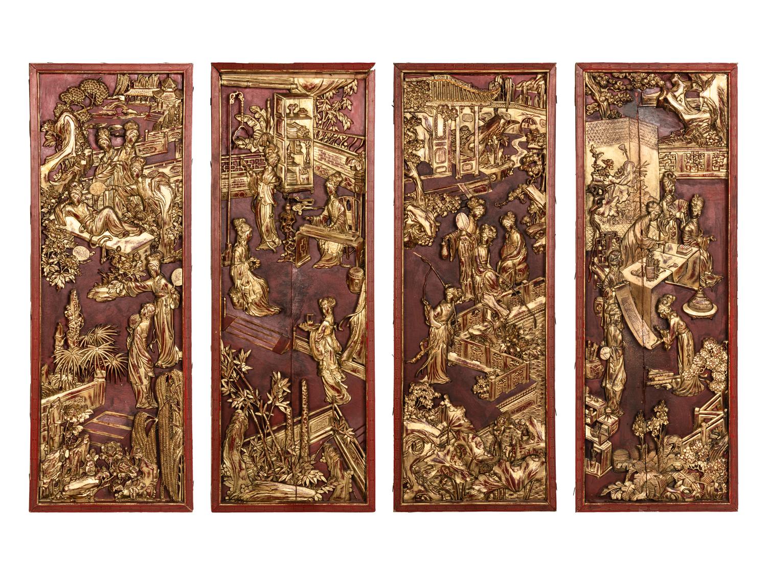 Two Pairs of Chinese Gilt and Red Lacquered Wood Panels
