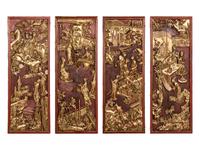 Two Pairs of Chinese Gilt and Red Lacquered Wood Panels