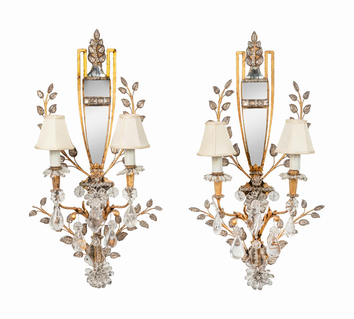 A Pair of Rock Crystal, Mirror and Gilt Metal Two-Light Sconces