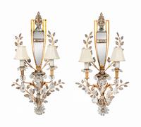 A Pair of Rock Crystal, Mirror and Gilt Metal Two-Light Sconces