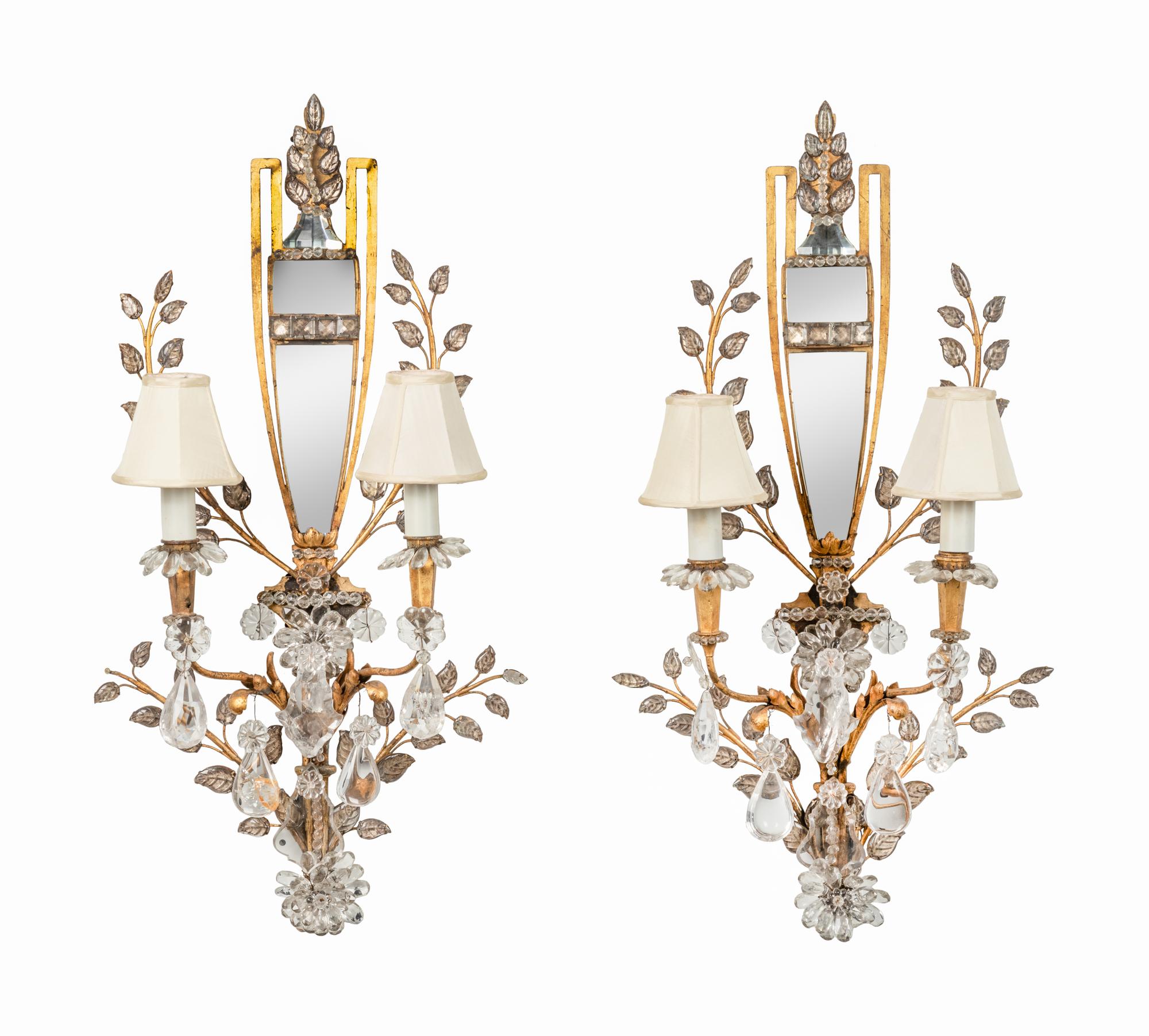 A Pair of Rock Crystal, Mirror and Gilt Metal Two-Light Sconces