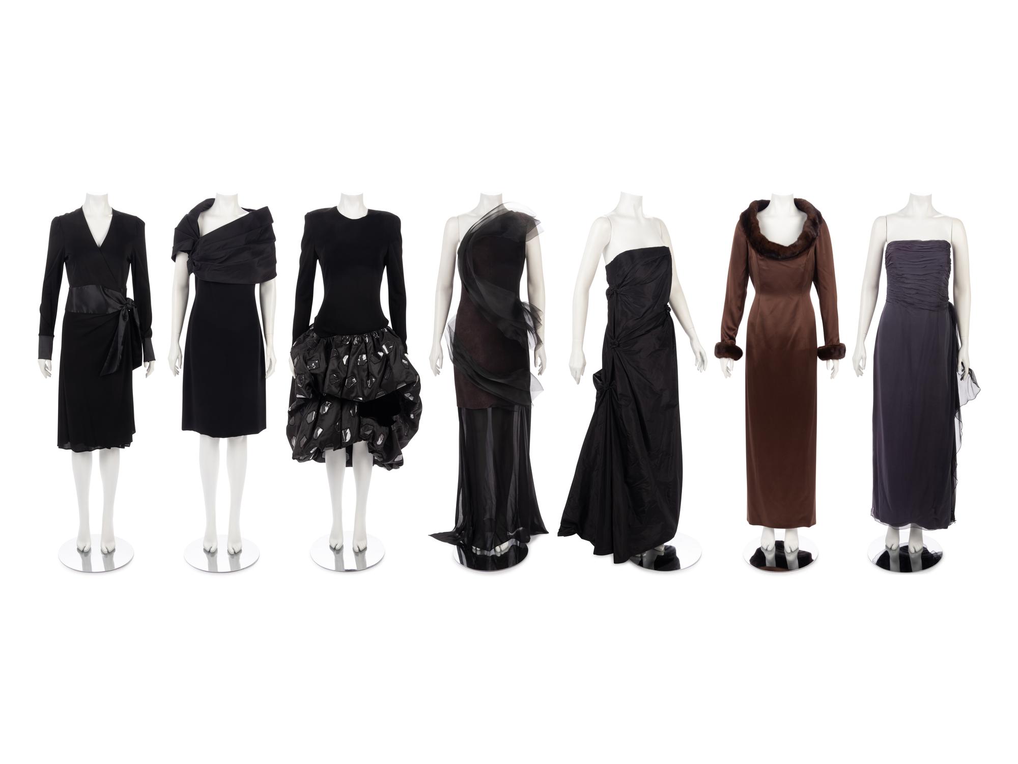 Collection of Seven Designer Evening Dresses: One Giorgio Armani, One Bill Blass, One Lawrence, One Akris, One Pamela Dennis, Two Roland Nivelais — Garage