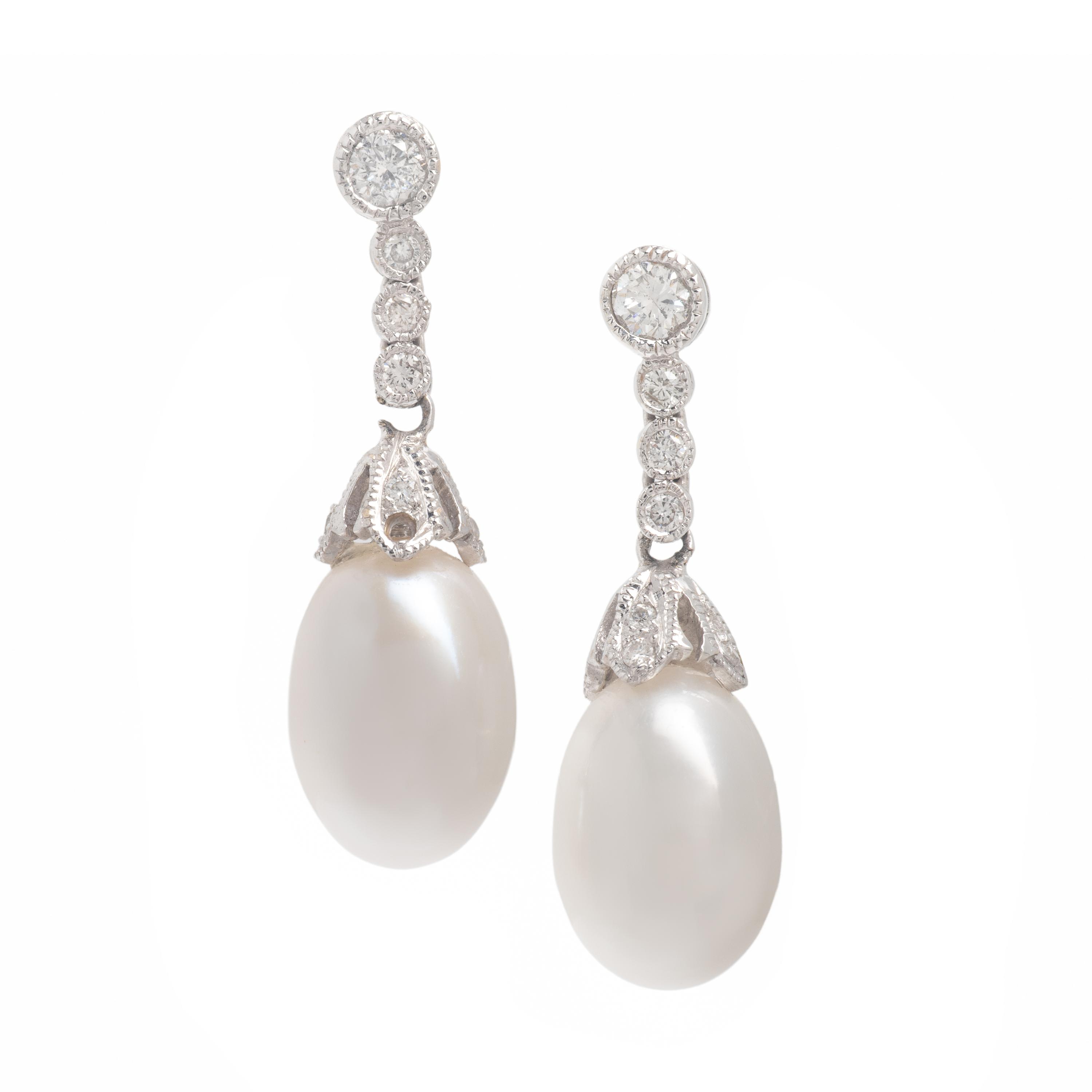 White Gold, Diamond, and Cultured Pearl Earrings